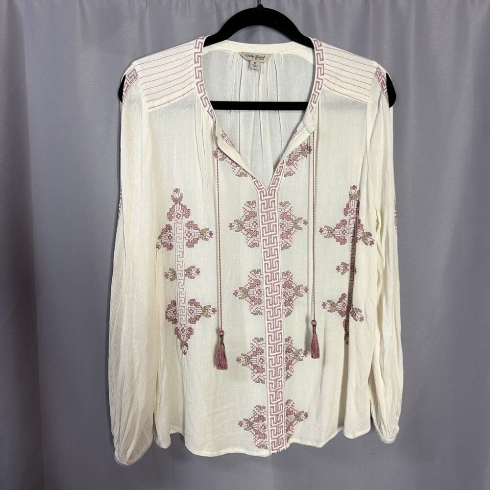 Lucky Brand White Embroidered Blouse Floral Boho Cottagecore Summer Top Boho M